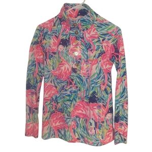 Lilly Pulitzer Skipper Oasis Popover Shirt Flamingos EUC Size XS